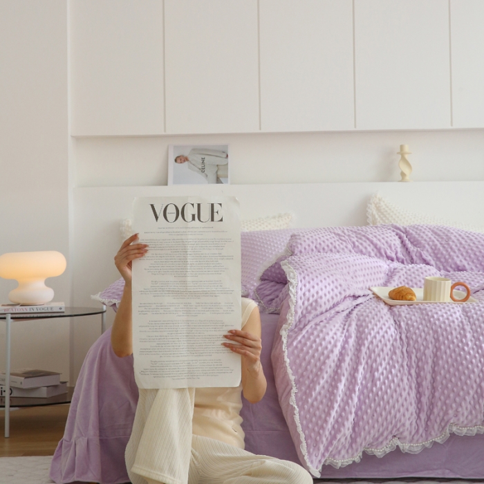 91家纺网 家纺一手货源 找家纺 玛奇朵 2022升级版A类豆豆绒梦露系列四件套 梦露-丁香紫