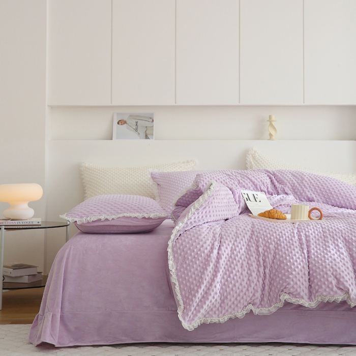 91家纺网 家纺一手货源 找家纺 玛奇朵 2022升级版A类豆豆绒梦露系列四件套 梦露-丁香紫