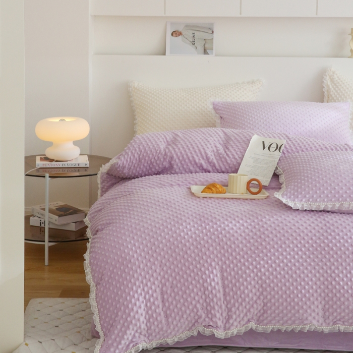 91家纺网 家纺一手货源 找家纺 玛奇朵 2022升级版A类豆豆绒梦露系列四件套 梦露-丁香紫