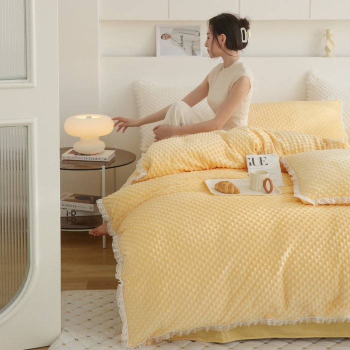 91家纺网 家纺一手货源 找家纺 玛奇朵 2022升级版A类豆豆绒梦露系列四件套 梦露-亮丽黄