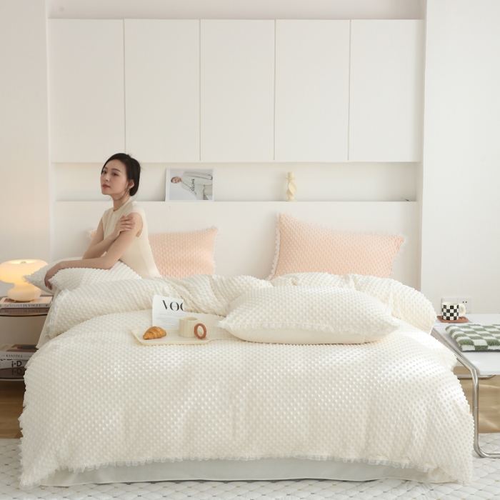 91家纺网 家纺一手货源 找家纺 玛奇朵 2022升级版A类豆豆绒梦露系列四件套 梦露-象牙白