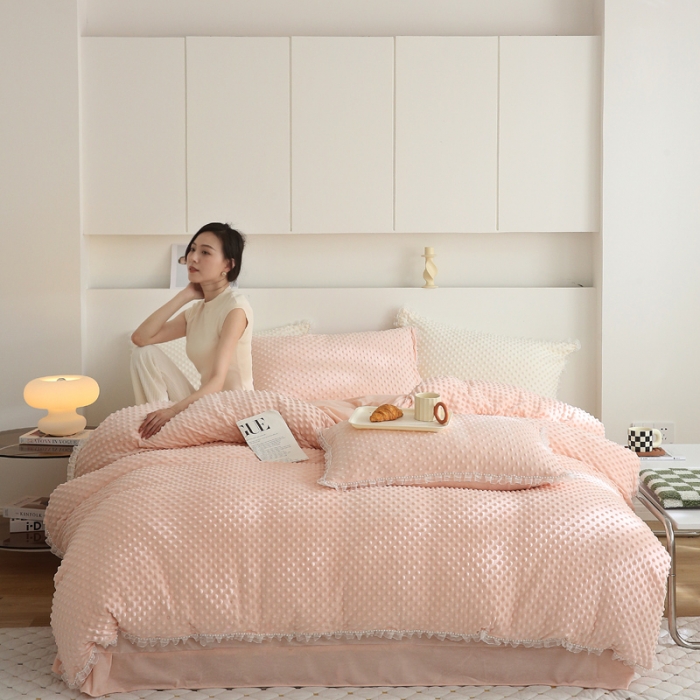 91家纺网 家纺一手货源 找家纺 玛奇朵 2022升级版A类豆豆绒梦露系列四件套 梦露-婴儿粉