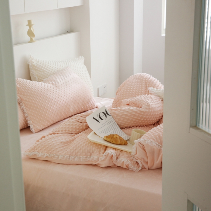 91家纺网 家纺一手货源 找家纺 玛奇朵 2022升级版A类豆豆绒梦露系列四件套 梦露-婴儿粉