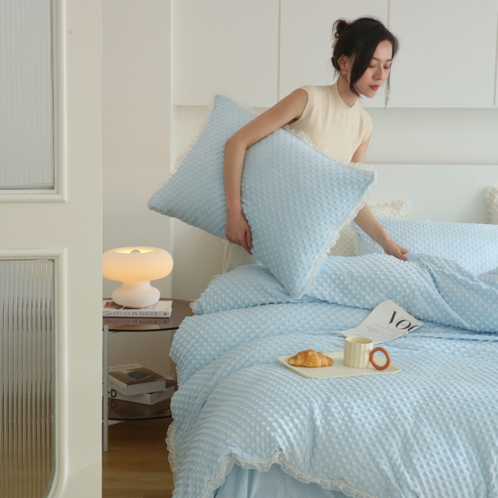 91家纺网 家纺一手货源 找家纺 玛奇朵 2022升级版A类豆豆绒梦露系列四件套 梦露-婴儿蓝