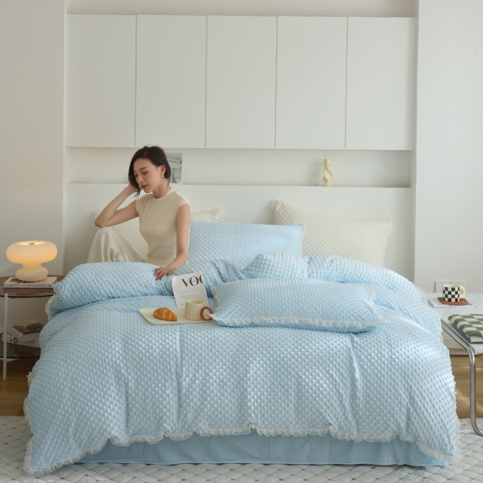 91家纺网 家纺一手货源 找家纺 玛奇朵 2022升级版A类豆豆绒梦露系列四件套 梦露-婴儿蓝