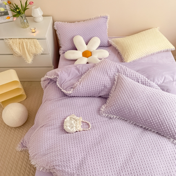 91家纺网 家纺一手货源 找家纺 玛奇朵 2022升级版A类豆豆绒梦露系列四件套 梦露-丁香紫