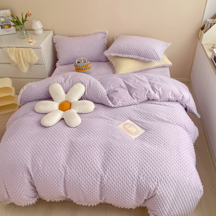 91家纺网 家纺一手货源 找家纺 玛奇朵 2022升级版A类豆豆绒梦露系列四件套 梦露-丁香紫