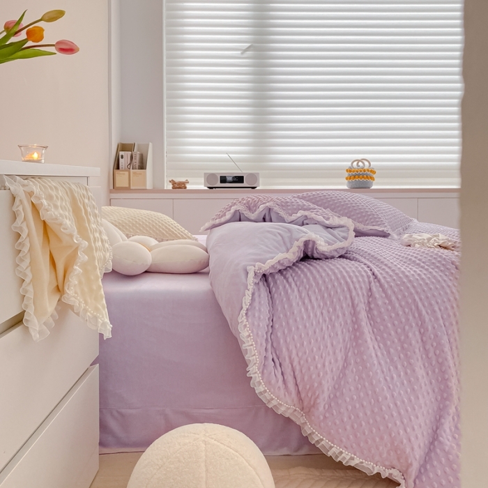 91家纺网 家纺一手货源 找家纺 玛奇朵 2022升级版A类豆豆绒梦露系列四件套 梦露-丁香紫