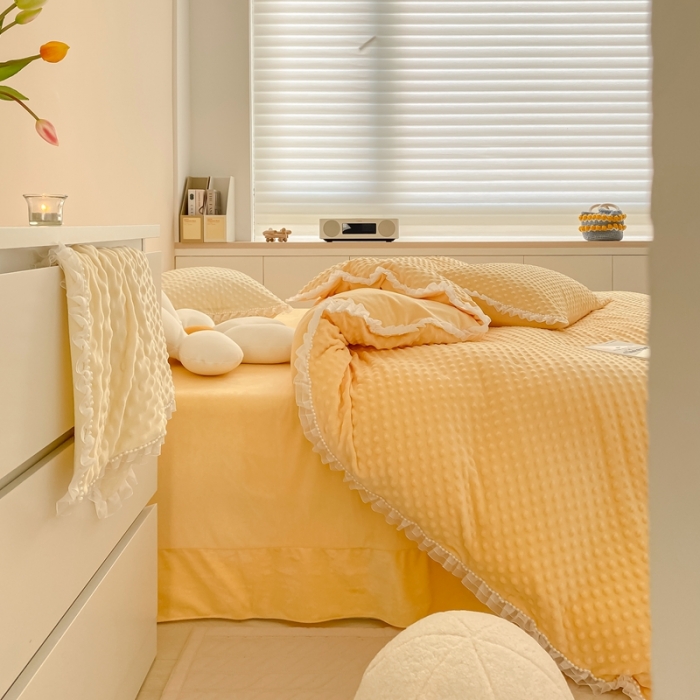 91家纺网 家纺一手货源 找家纺 玛奇朵  2022升级版A类豆豆绒梦露系列四件套 梦露-亮丽黄