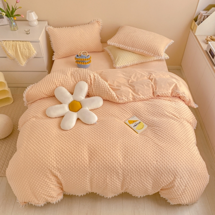 91家纺网 家纺一手货源 找家纺 玛奇朵  2022升级版A类豆豆绒梦露系列四件套 梦露-蜜桃橙