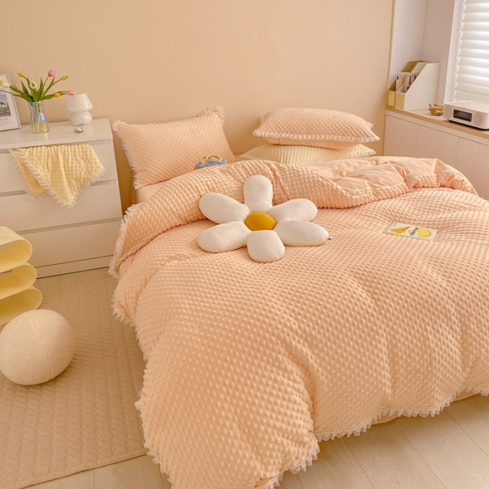 91家纺网 家纺一手货源 找家纺 玛奇朵  2022升级版A类豆豆绒梦露系列四件套 梦露-蜜桃橙