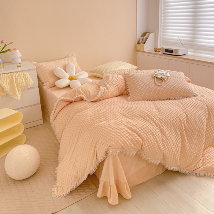 91家纺网 家纺一手货源 找家纺 玛奇朵  2022升级版A类豆豆绒梦露系列四件套 梦露-蜜桃橙