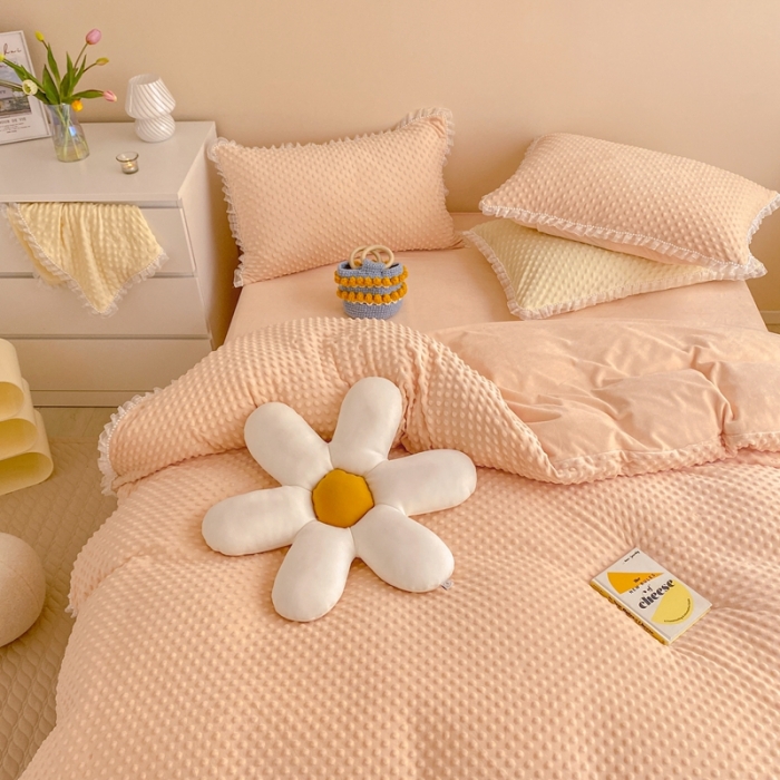 91家纺网 家纺一手货源 找家纺 玛奇朵  2022升级版A类豆豆绒梦露系列四件套 梦露-蜜桃橙