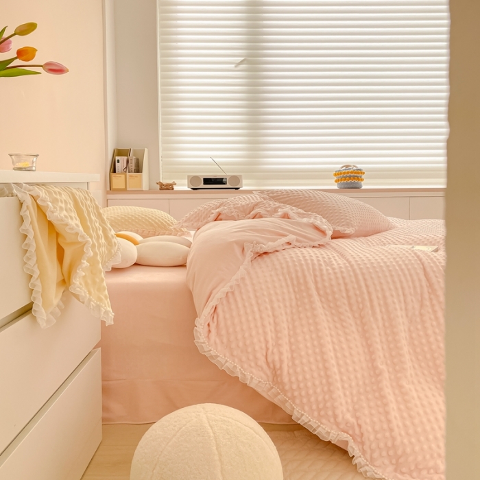 91家纺网 家纺一手货源 找家纺 玛奇朵  2022升级版A类豆豆绒梦露系列四件套 梦露-婴儿粉