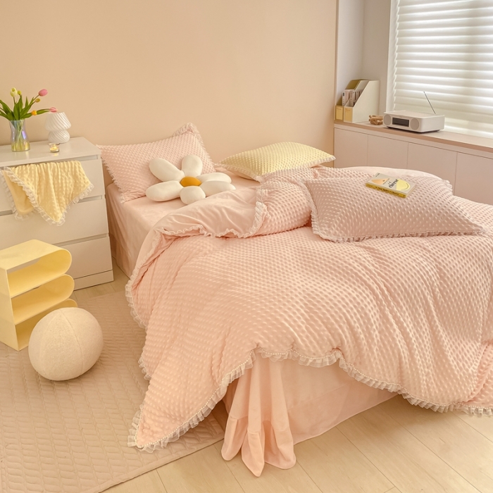 91家纺网 家纺一手货源 找家纺 玛奇朵  2022升级版A类豆豆绒梦露系列四件套 梦露-婴儿粉