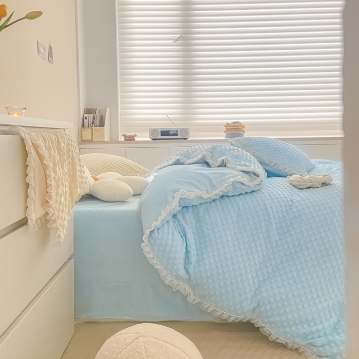 91家纺网 家纺一手货源 找家纺 玛奇朵  2022升级版A类豆豆绒梦露系列四件套 梦露-婴儿蓝