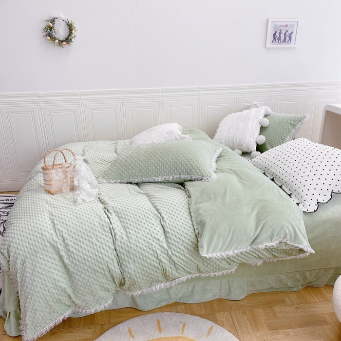 91家纺网 家纺一手货源 找家纺 玛奇朵  2022升级版A类豆豆绒梦露系列四件套 梦露-薄荷绿