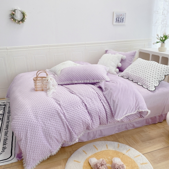 91家纺网 家纺一手货源 找家纺 玛奇朵  2022升级版A类豆豆绒梦露系列四件套 梦露-丁香紫