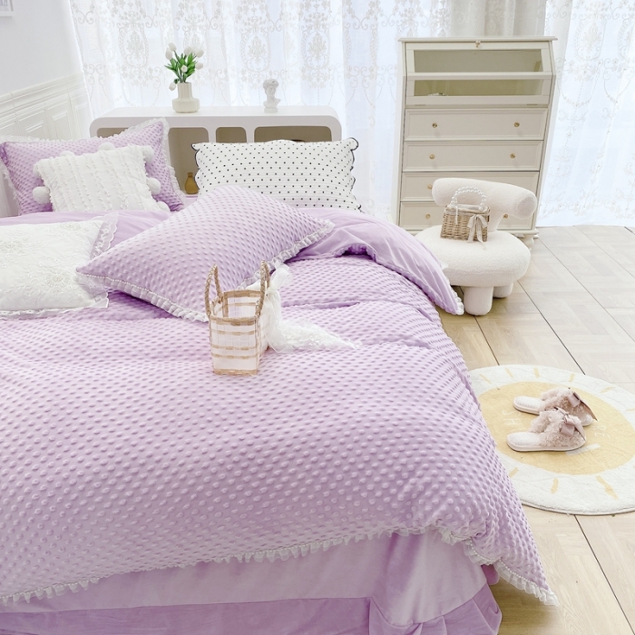 91家纺网 家纺一手货源 找家纺 玛奇朵  2022升级版A类豆豆绒梦露系列四件套 梦露-丁香紫