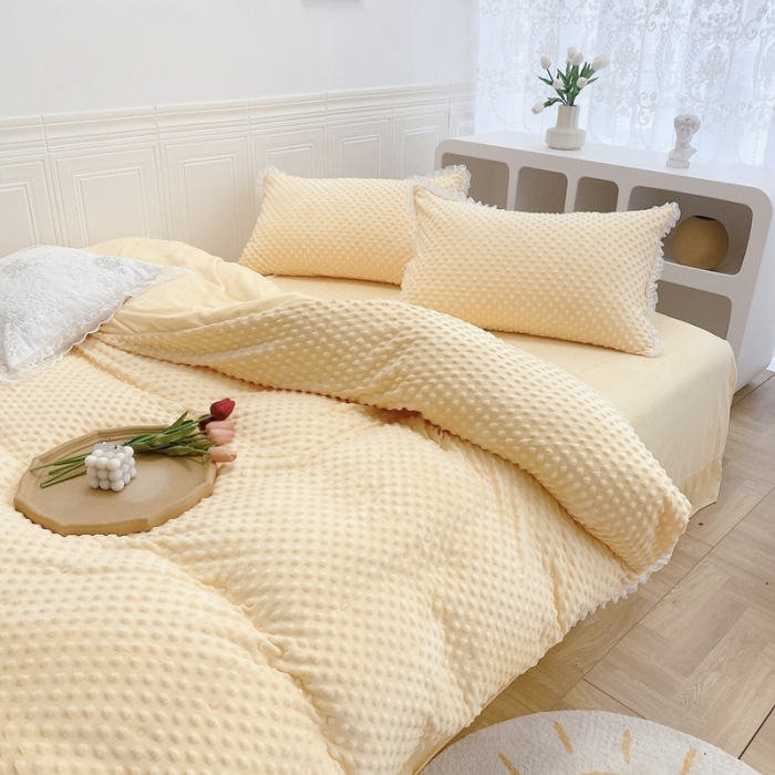 91家纺网 家纺一手货源 找家纺 玛奇朵  2022升级版A类豆豆绒梦露系列四件套 梦露-亮丽黄