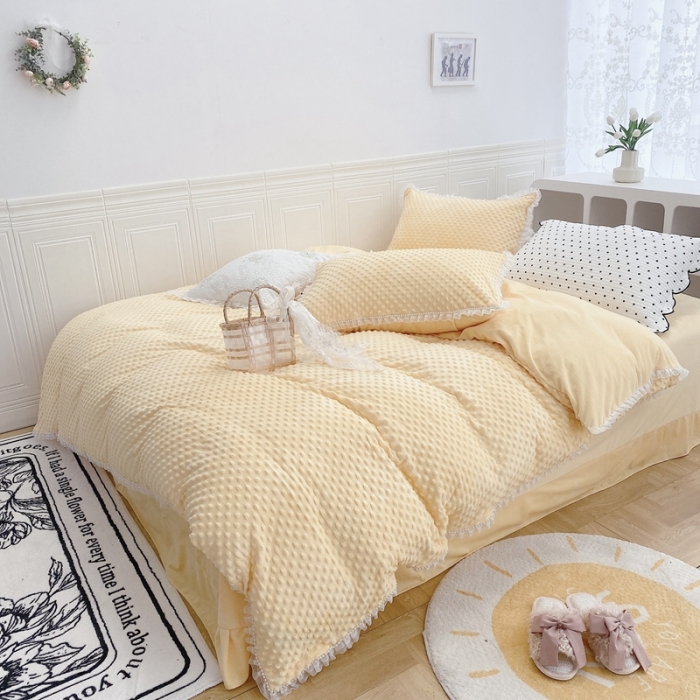 91家纺网 家纺一手货源 找家纺 玛奇朵  2022升级版A类豆豆绒梦露系列四件套 梦露-亮丽黄