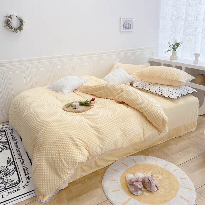 91家纺网 家纺一手货源 找家纺 玛奇朵  2022升级版A类豆豆绒梦露系列四件套 梦露-亮丽黄