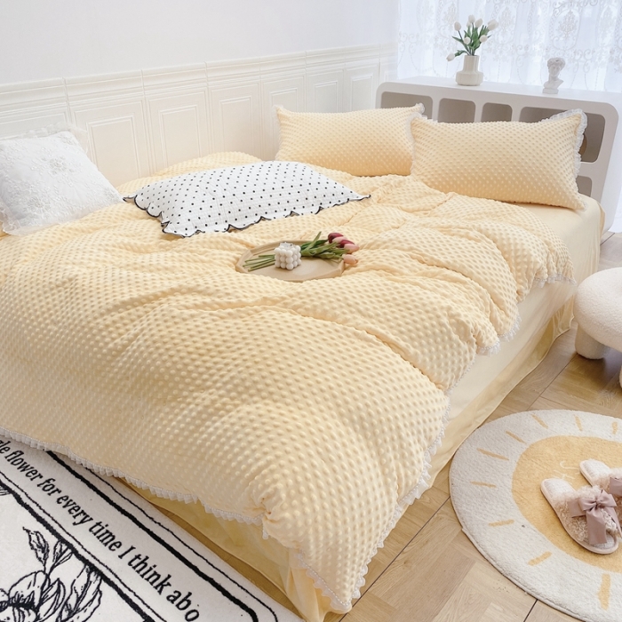 91家纺网 家纺一手货源 找家纺 玛奇朵  2022升级版A类豆豆绒梦露系列四件套 梦露-亮丽黄