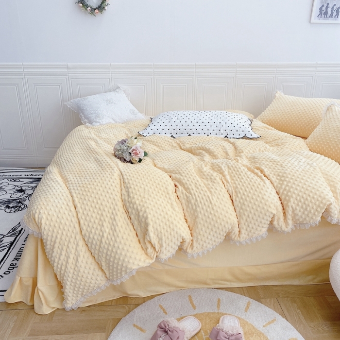 91家纺网 家纺一手货源 找家纺 玛奇朵  2022升级版A类豆豆绒梦露系列四件套 梦露-亮丽黄