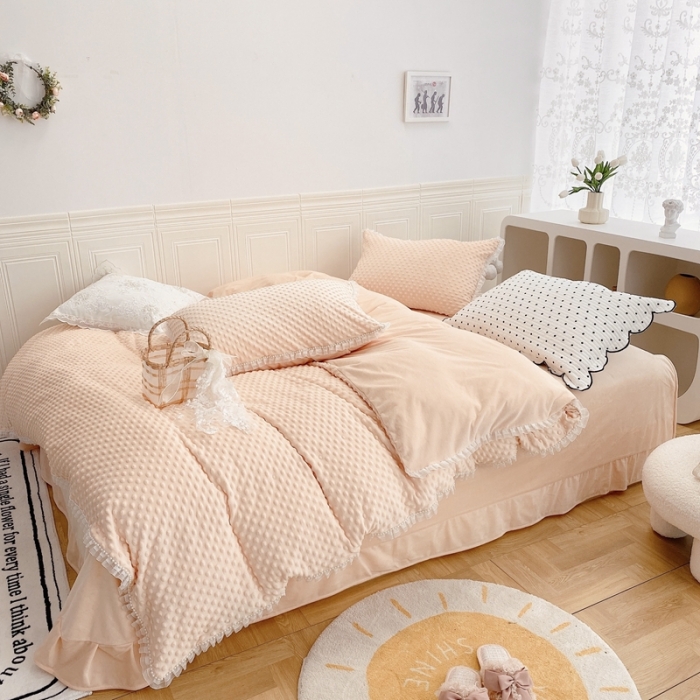 91家纺网 家纺一手货源 找家纺 玛奇朵  2022升级版A类豆豆绒梦露系列四件套 梦露-蜜桃橙