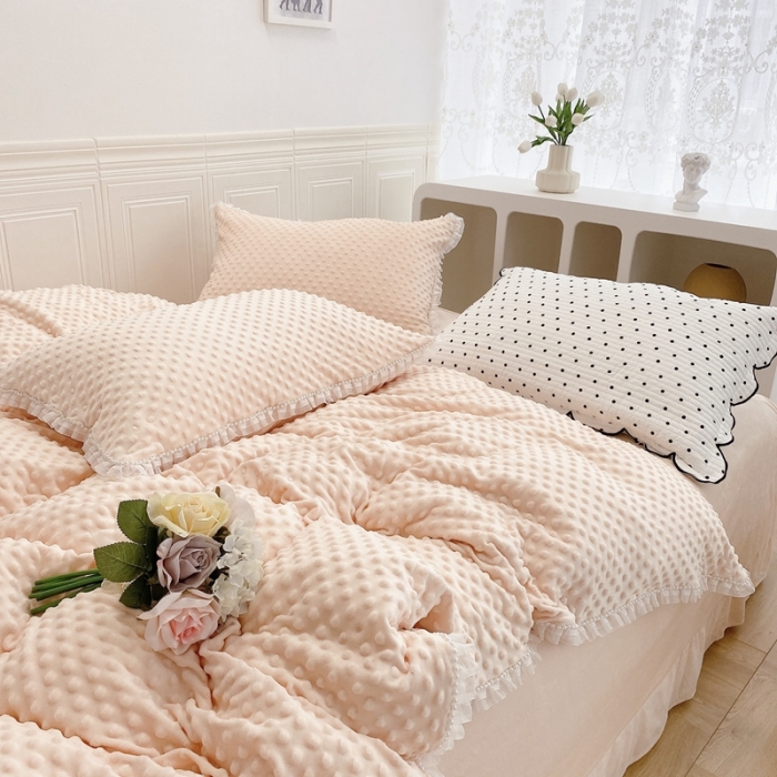 91家纺网 家纺一手货源 找家纺 玛奇朵  2022升级版A类豆豆绒梦露系列四件套 梦露-蜜桃橙