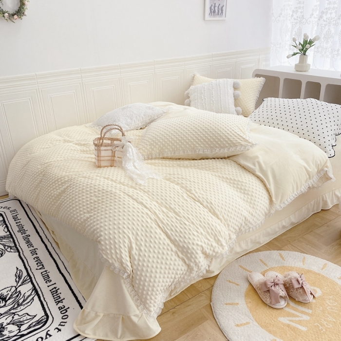 91家纺网 家纺一手货源 找家纺 玛奇朵  2022升级版A类豆豆绒梦露系列四件套 梦露-象牙白