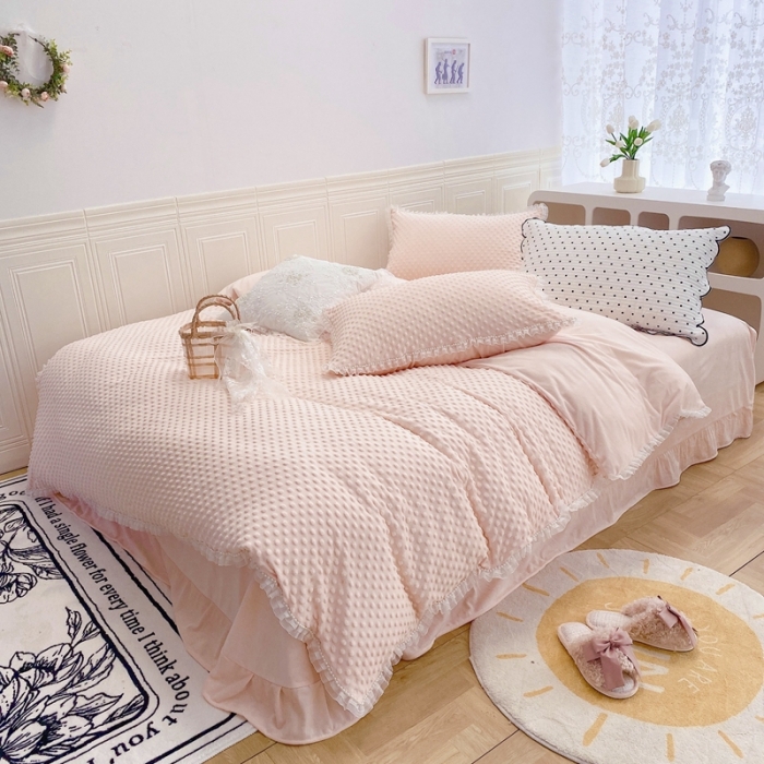 91家纺网 家纺一手货源 找家纺 玛奇朵  2022升级版A类豆豆绒梦露系列四件套 梦露-婴儿粉