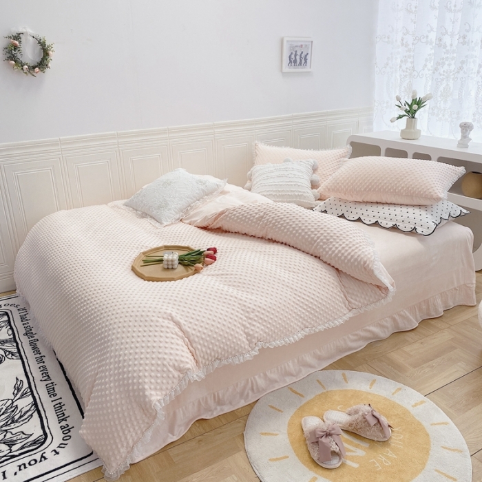 91家纺网 家纺一手货源 找家纺 玛奇朵  2022升级版A类豆豆绒梦露系列四件套 梦露-婴儿粉