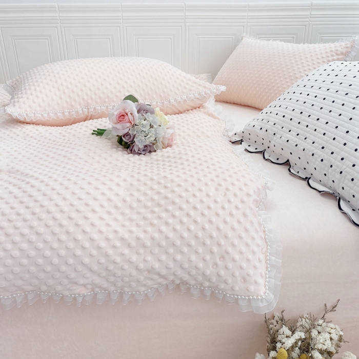 91家纺网 家纺一手货源 找家纺 玛奇朵  2022升级版A类豆豆绒梦露系列四件套 梦露-婴儿粉