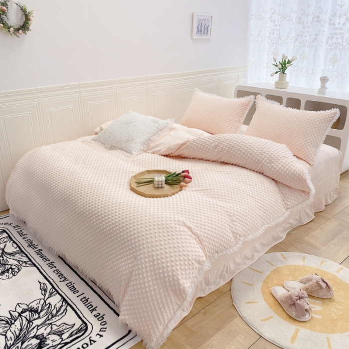 91家纺网 家纺一手货源 找家纺 玛奇朵  2022升级版A类豆豆绒梦露系列四件套 梦露-婴儿粉