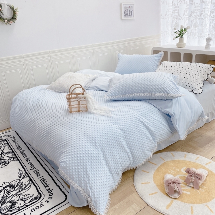 91家纺网 家纺一手货源 找家纺 玛奇朵  2022升级版A类豆豆绒梦露系列四件套 梦露-婴儿蓝