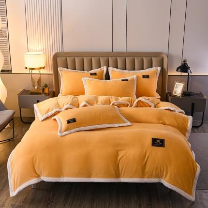 91家纺网 家纺一手货源 找家纺 澳洲羽2024新款防静电高克重纯色丝滑宽边牛奶绒四件套黄