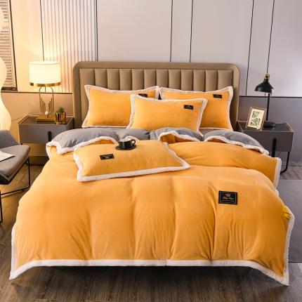 91家纺网 家纺一手货源 找家纺 澳洲羽2024新款防静电高克重纯色丝滑宽边牛奶绒四件套黄-灰