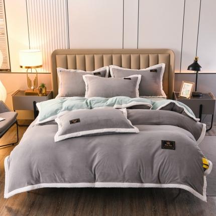 91家纺网 家纺一手货源 找家纺 澳洲羽2024新款防静电高克重纯色丝滑宽边牛奶绒四件套灰-绿