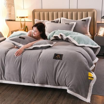 澳洲羽2024新款防静电高克重纯色丝滑宽边牛奶绒四件套灰-绿