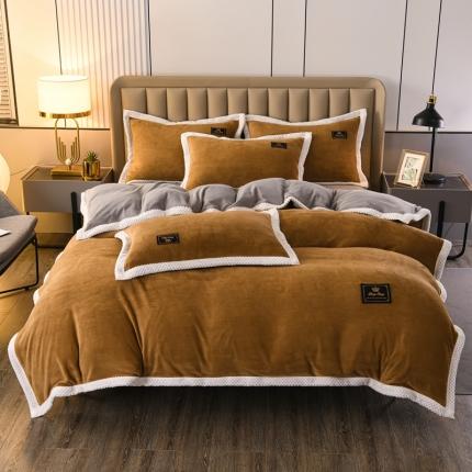 91家纺网 家纺一手货源 找家纺 澳洲羽2024新款防静电高克重纯色丝滑宽边牛奶绒四件套咖-灰