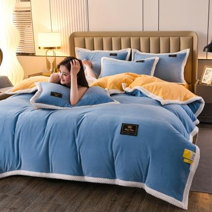 澳洲羽2024新款防静电高克重纯色丝滑宽边牛奶绒四件套蓝-黄