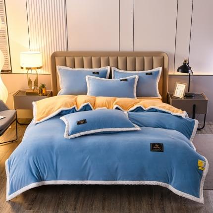 91家纺网 家纺一手货源 找家纺 澳洲羽2024新款防静电高克重纯色丝滑宽边牛奶绒四件套蓝-黄