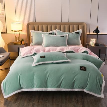 91家纺网 家纺一手货源 找家纺 澳洲羽2024新款防静电高克重纯色丝滑宽边牛奶绒四件套绿-粉