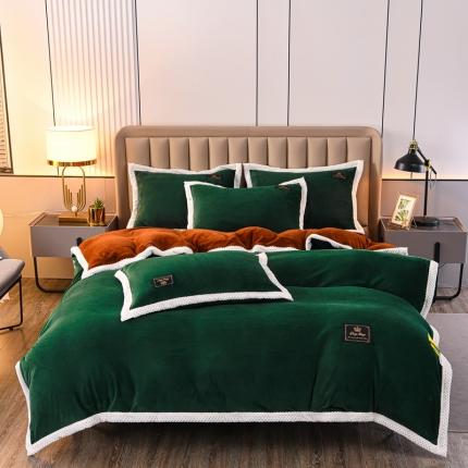 91家纺网 家纺一手货源 找家纺 澳洲羽2024新款防静电高克重纯色丝滑宽边牛奶绒四件套绿-棕