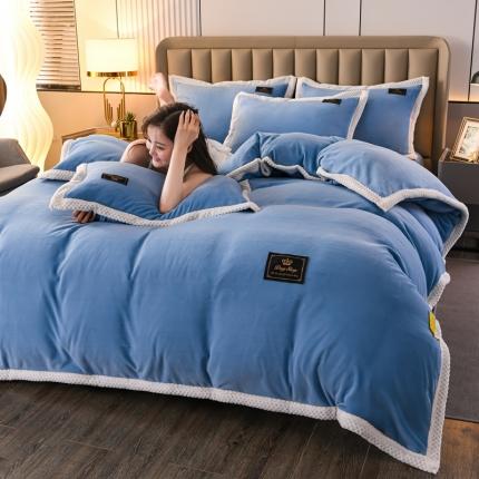 澳洲羽2024新款防静电高克重纯色丝滑宽边牛奶绒四件套蔚蓝