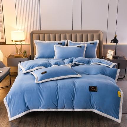 91家纺网 家纺一手货源 找家纺 澳洲羽2024新款防静电高克重纯色丝滑宽边牛奶绒四件套蔚蓝