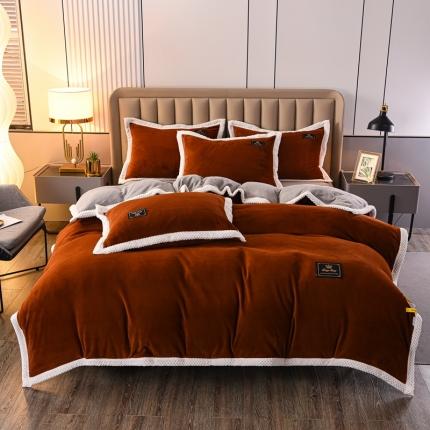 91家纺网 家纺一手货源 找家纺 澳洲羽2024新款防静电高克重纯色丝滑宽边牛奶绒四件套棕-灰