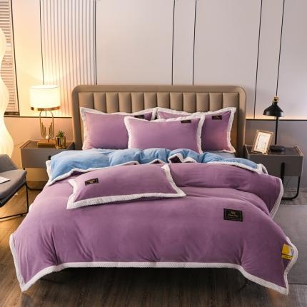 91家纺网 家纺一手货源 找家纺 澳洲羽2024新款防静电高克重纯色丝滑宽边牛奶绒四件套紫-蓝