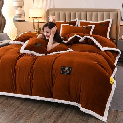 澳洲羽2024新款防静电高克重纯色丝滑宽边牛奶绒四件套棕色